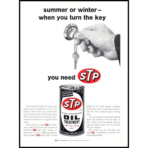 1966 STP Oil Treatment Vintage Print Ad Ignition Key Man Cave Wall Art Photo - Picture 1 of 1